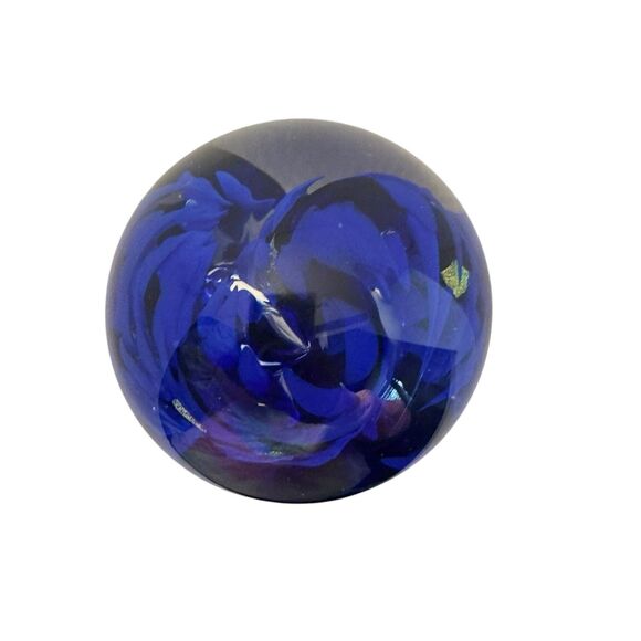 Cobalt Blue Striped Swirl Gold Flaked Glass Paperweight Bubbles - Artist Signed - Picture 10 of 14